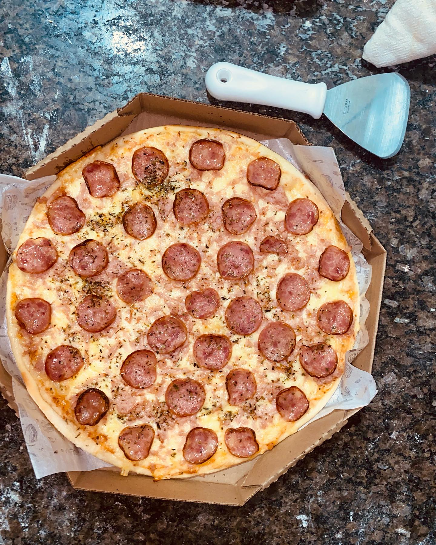 Pizza de calabresa fatiada com muçarela na caixa