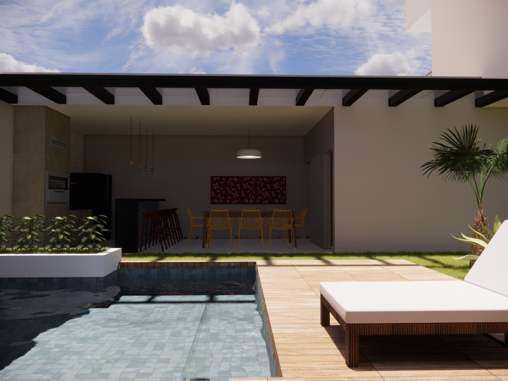 Render de varanda com piscina e deck