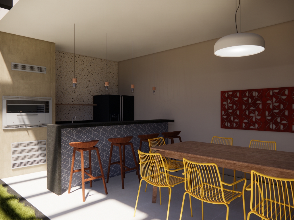 Render de cozinha gourmet com banquetas amarelas