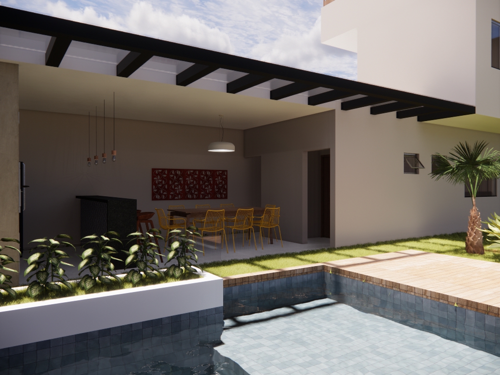 Render de area gourmet com piscina e pergolado