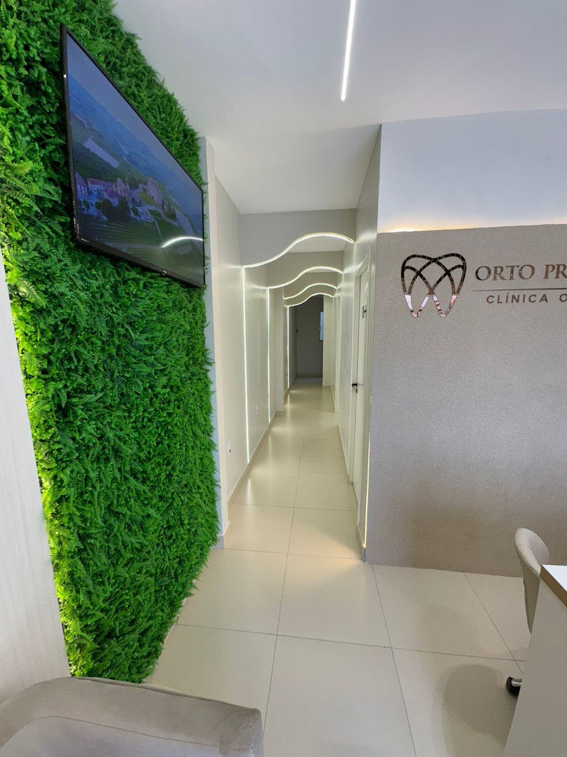 Recepção da clínica Orto Prime com parede verde