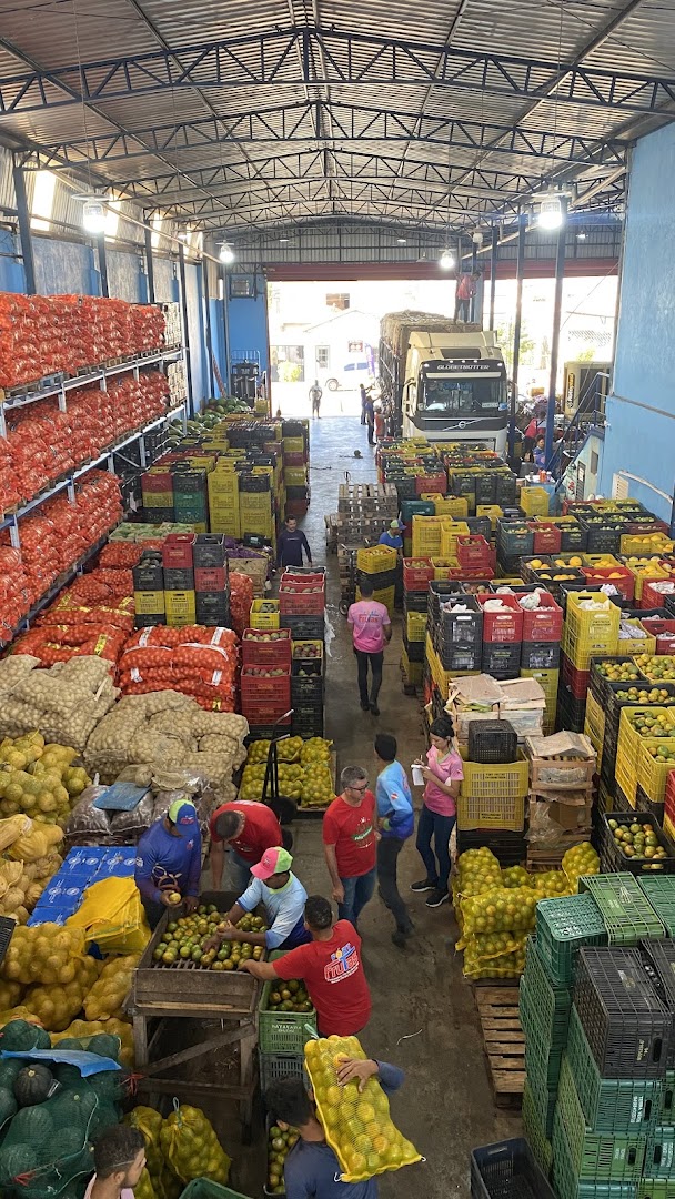 Vista de cima do galpão da Fort Frutas cheio de caixas de frutas