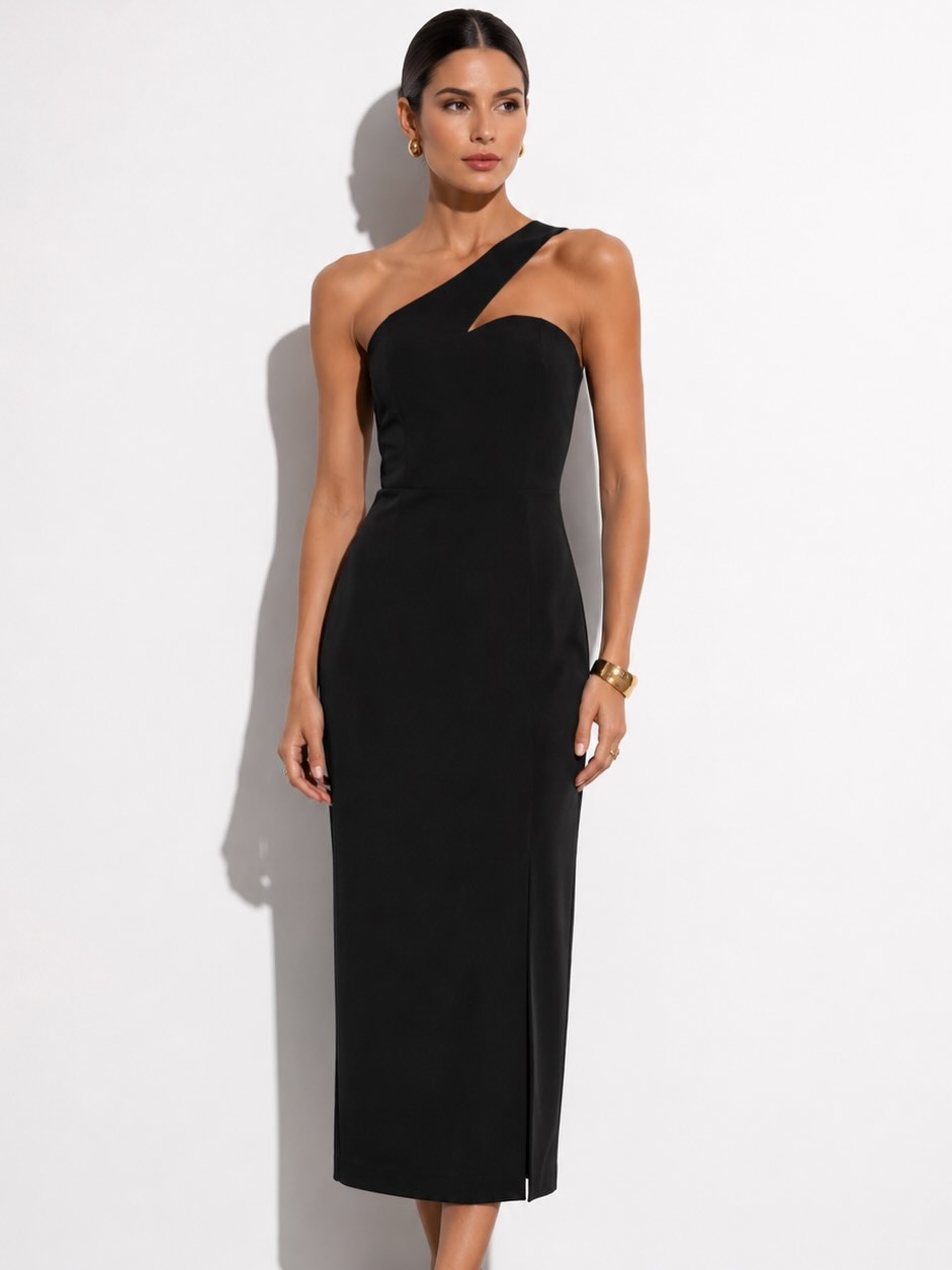 Vestido preto midi de um ombro só