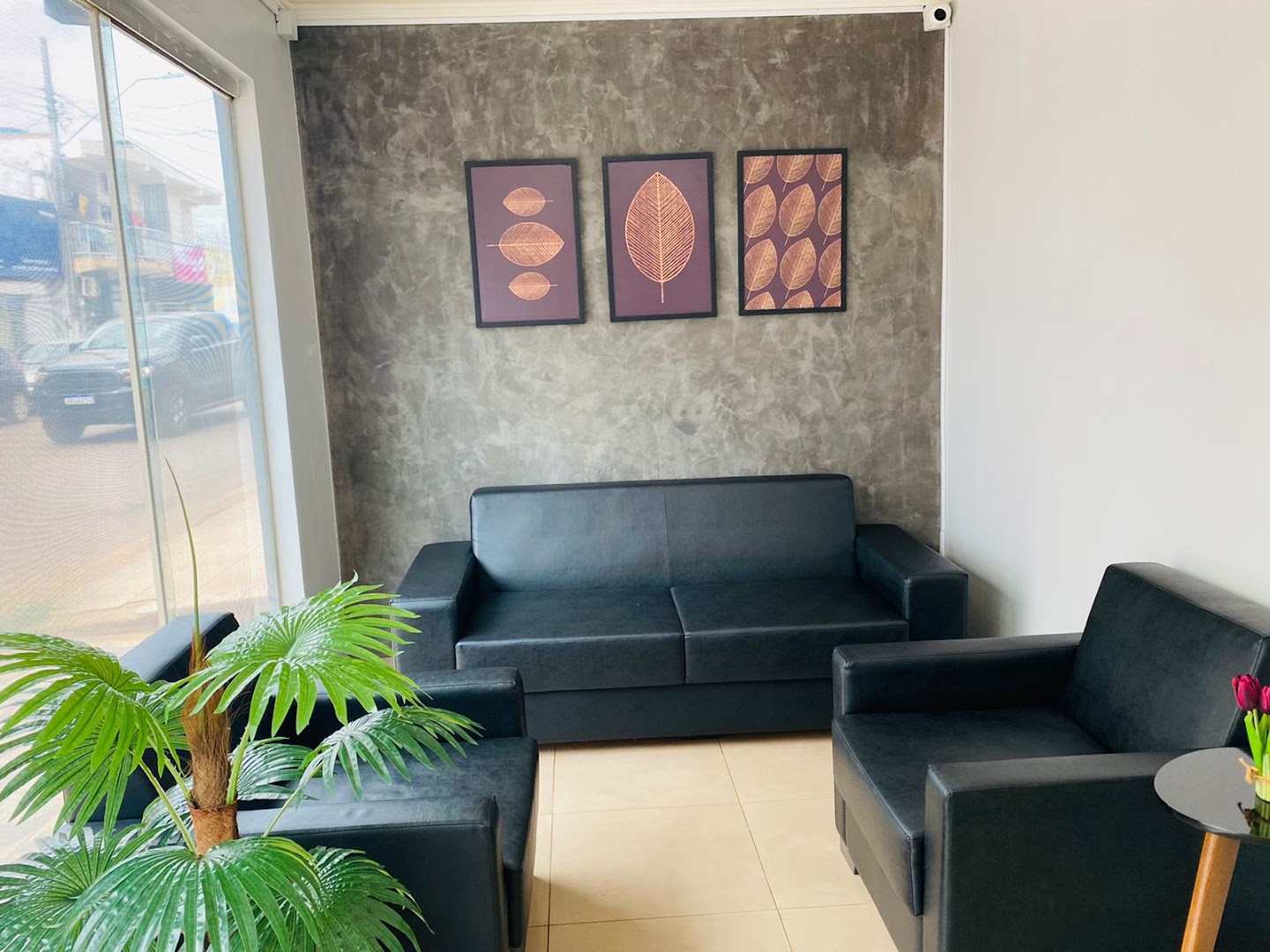 Sala de espera com sofá de couro, quadros na parede e planta