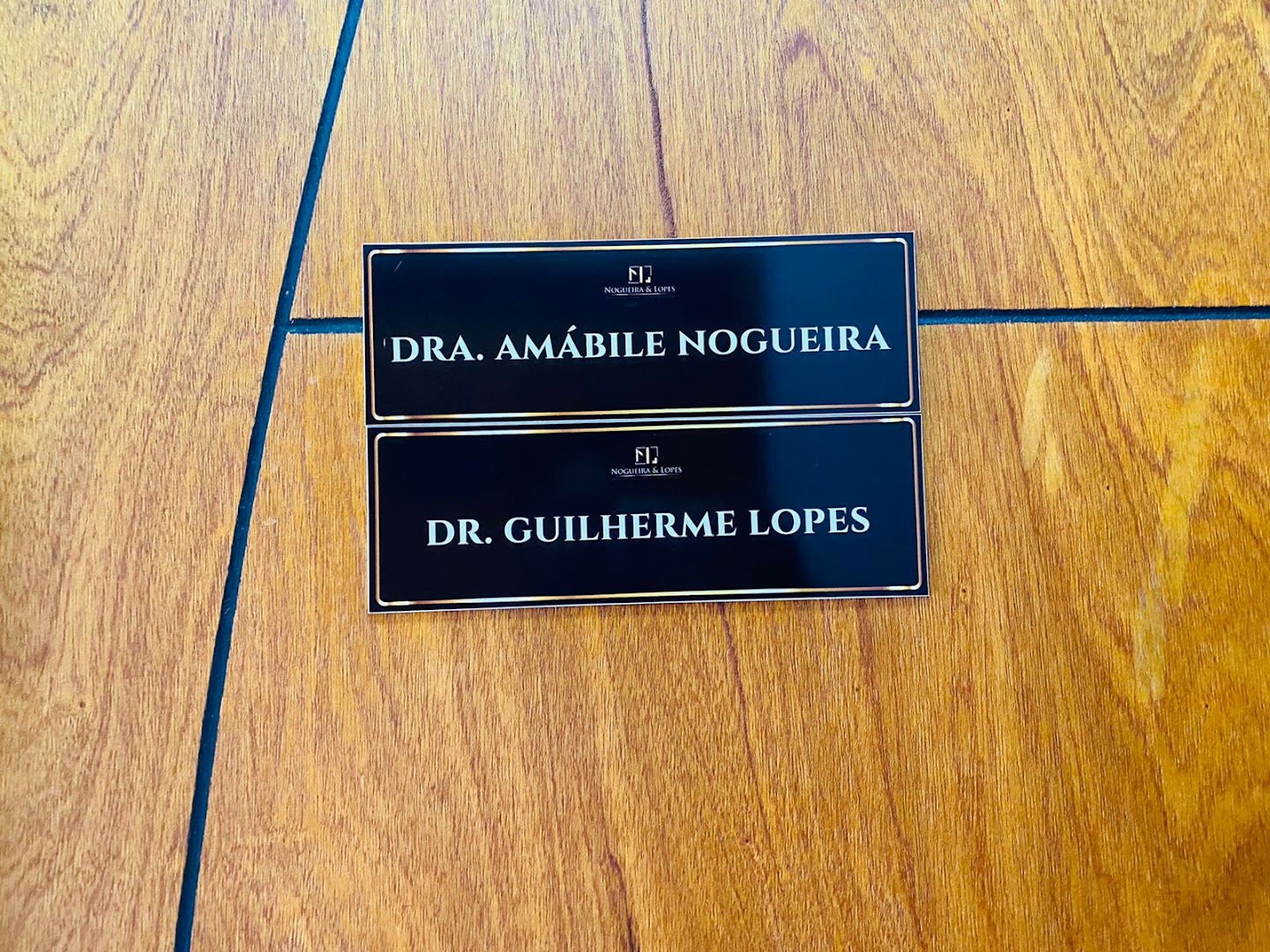 Placas das portas com os nomes Dra. Amábile Nogueira e Dr. Guilherme Lopes