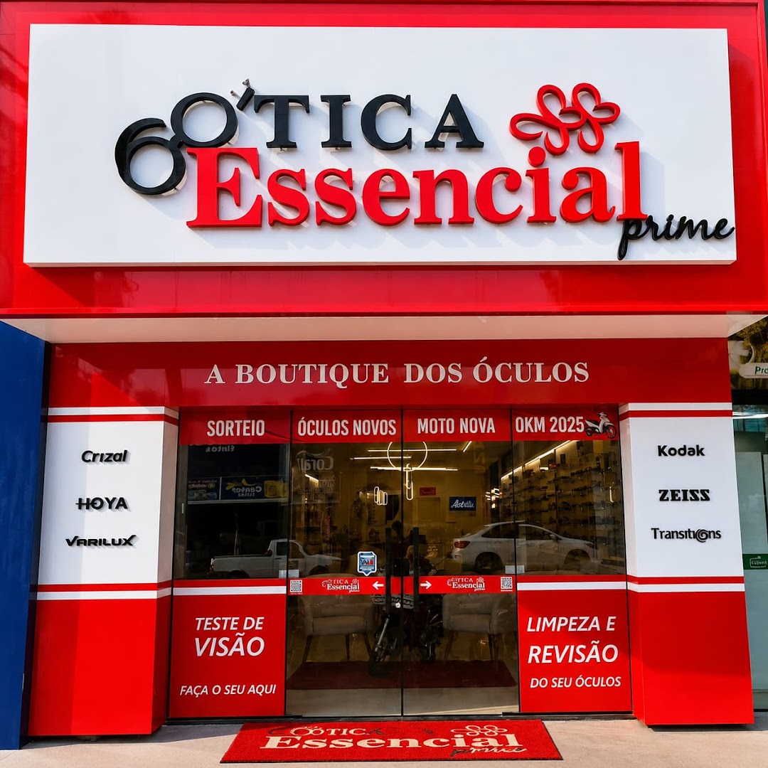 Fachada vermelha da Ótica Essencial Prime, a boutique dos óculos