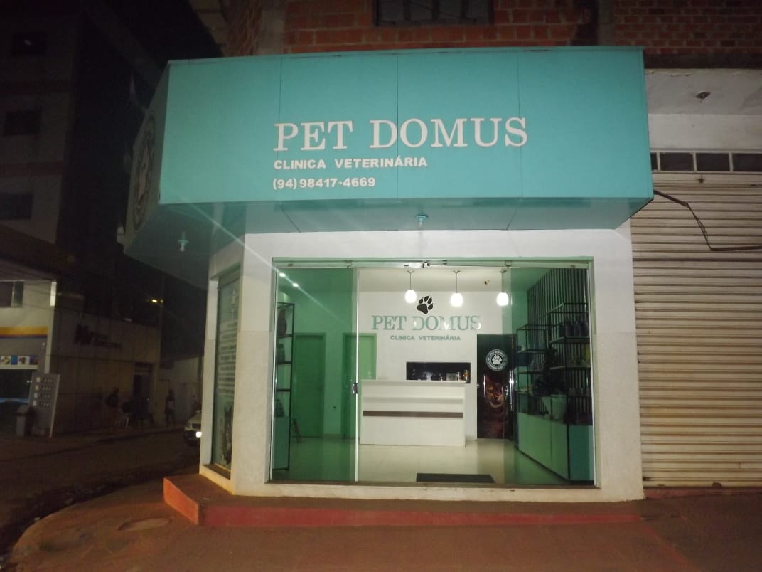 Fachada verde da Pet Domus à noite