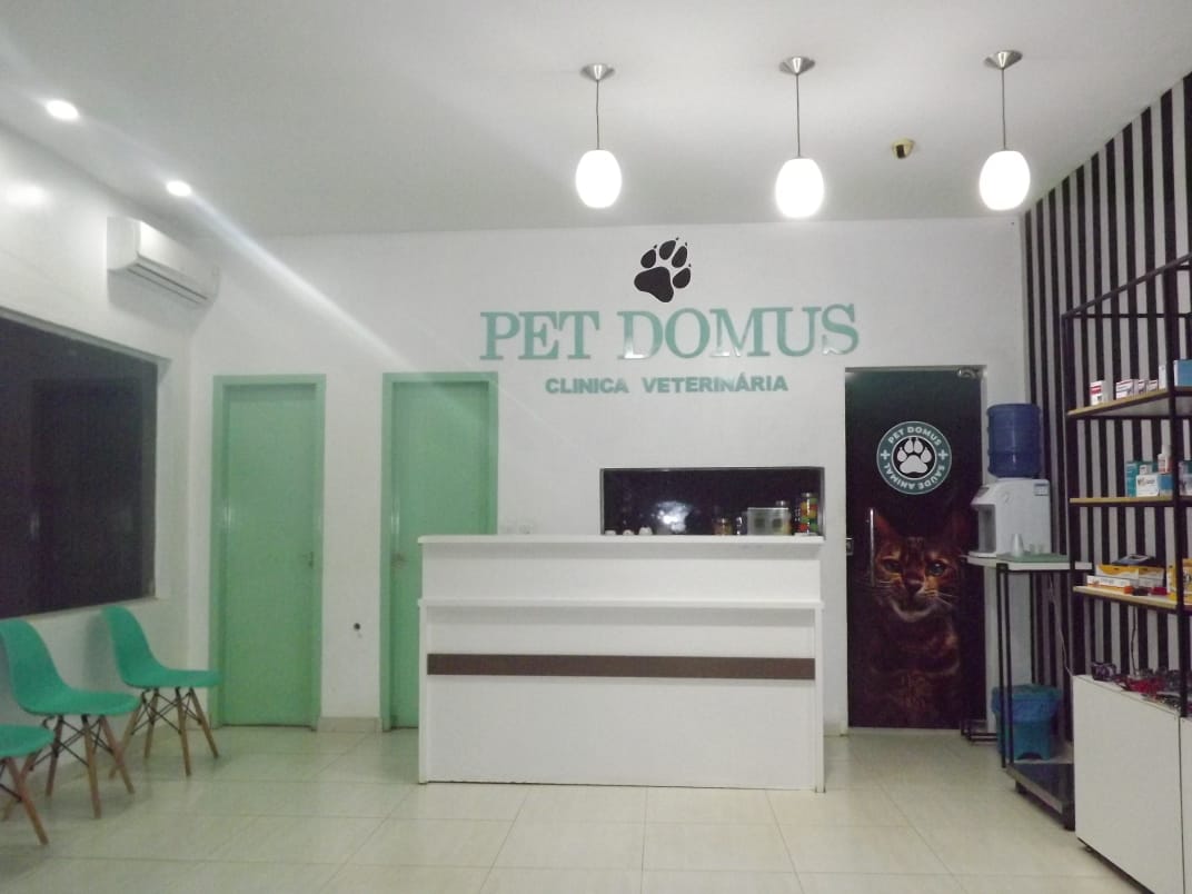 Recepção interna da Pet Domus com balcão branco e o logo na parede