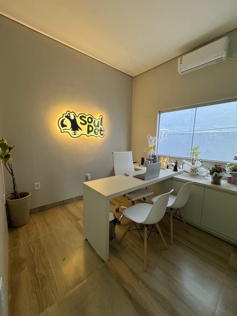 Consultório clean com um letreiro neon da Soul Pet