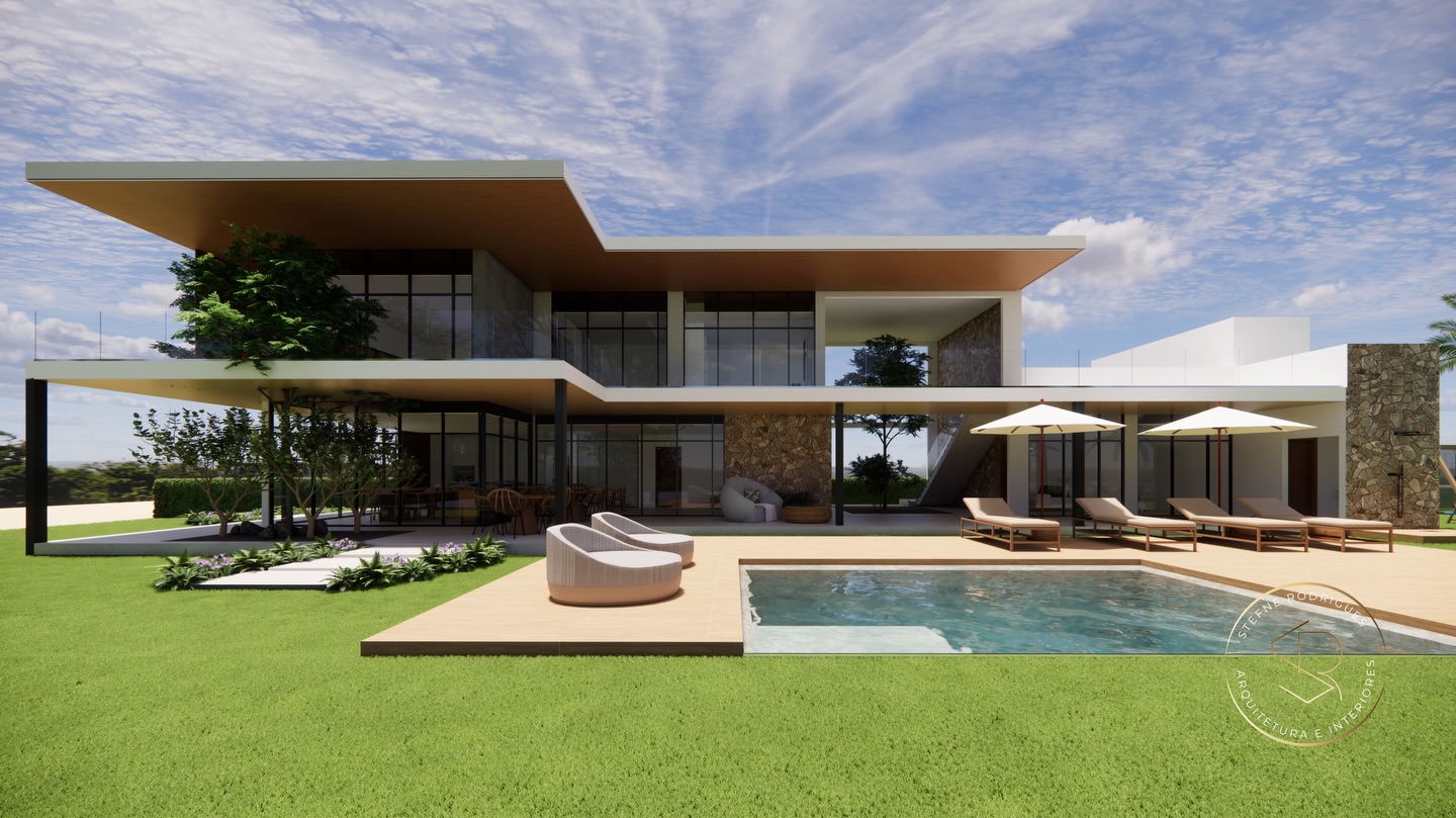 Projeto de casa de dois pavimentos com piscina e jardim