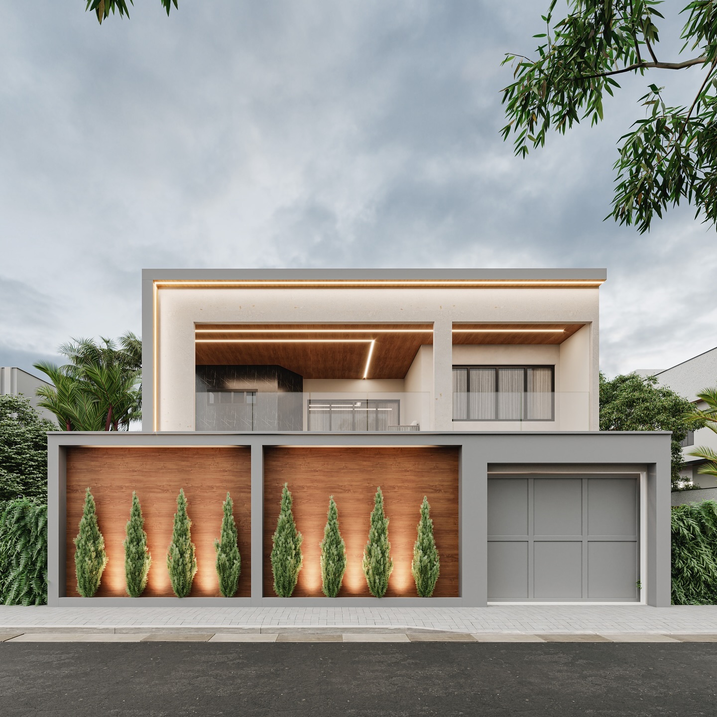 Projeto de fachada residencial com jardim vertical iluminado sobre painel de madeira