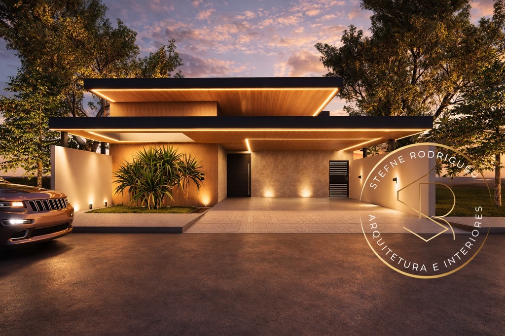 Projeto de casa térrea moderna ao entardecer, com madeira e iluminação quente